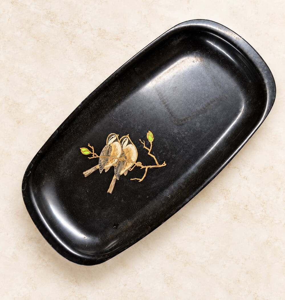 Couroc Monterey California Oval Serving Tray Birds Inlaid Black
